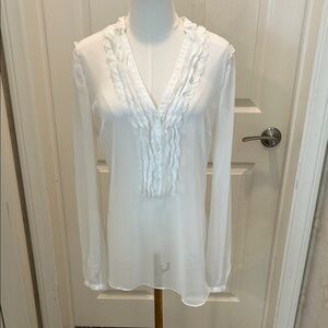 White House Black Market White Sheer Ruffle Blouse Size 10